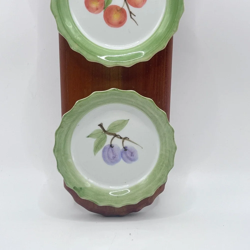 Andrea by Sadek Wood Wall Plaque with 3 Fruit Porcelain Plates Grapes Cherry